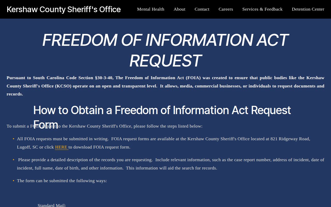 Kershaw County booking-record request form at the KCSO FOIA page