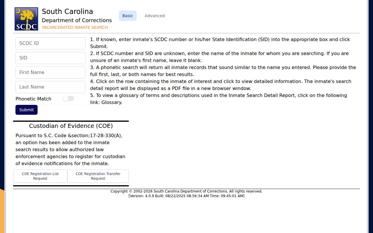 South Carolina Department of Corrections search for state-prison records and offender photos